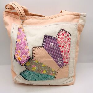 Basic Lizbet Library Market Tote Bag, Peach Repurposed Fan Quilt With Pockets